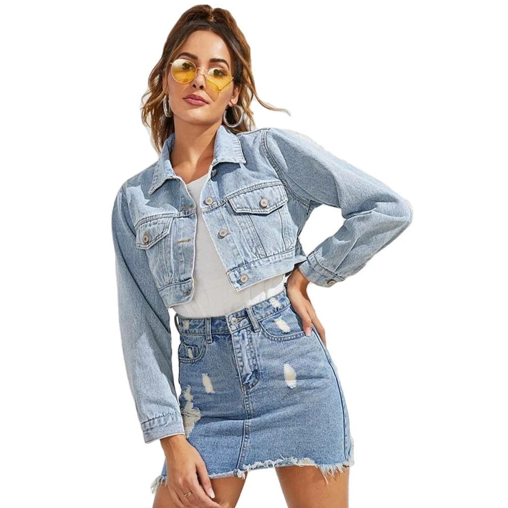 Синяя укороченная джинсовая куртка Женская демисезонная Повседневная
