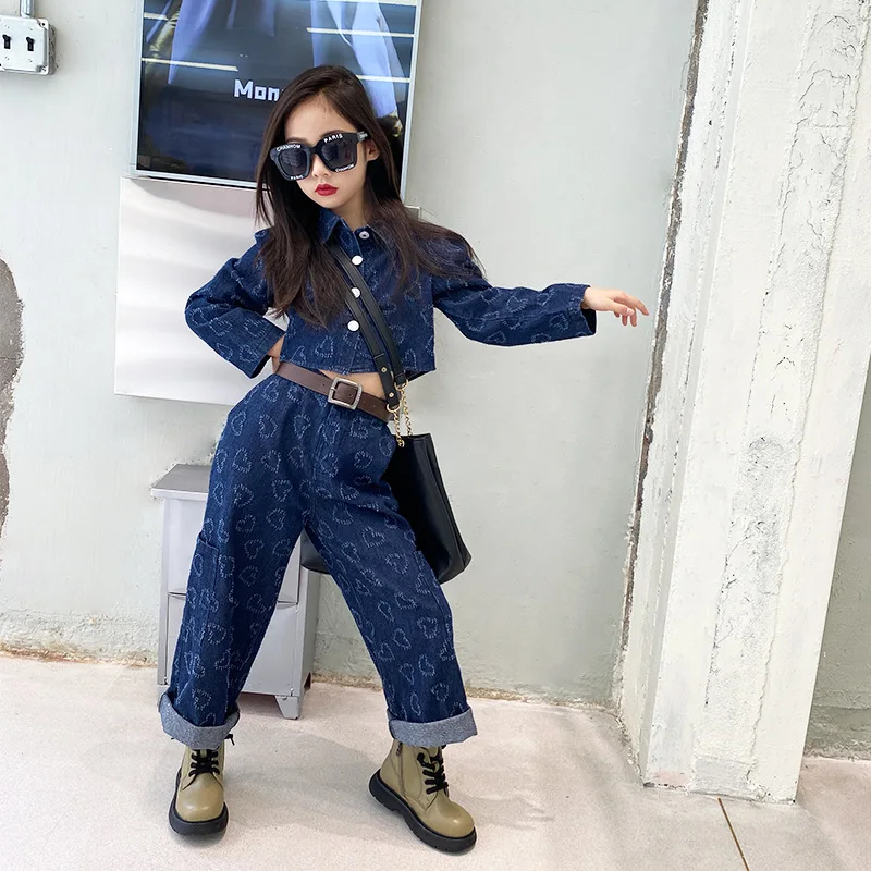 Джинсовый костюм для девочек Новинка осени 2021 короткая куртка в гонконгском