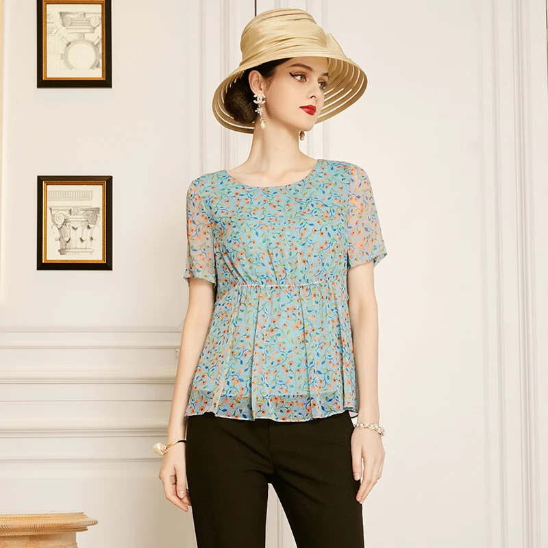 

SHZQ Blue Printed Silk Women's Shirt 2021 New Summer Fashion Boutique Mulberry Silk Shirt Foreign Style