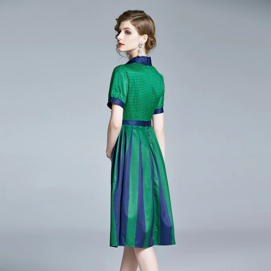 

Luxury Women Plaid Green Print Dress Vintage Short Sleeve Bow Turn Down Collar Pleated Dress Elegant Tunic Knee-Length Dresses