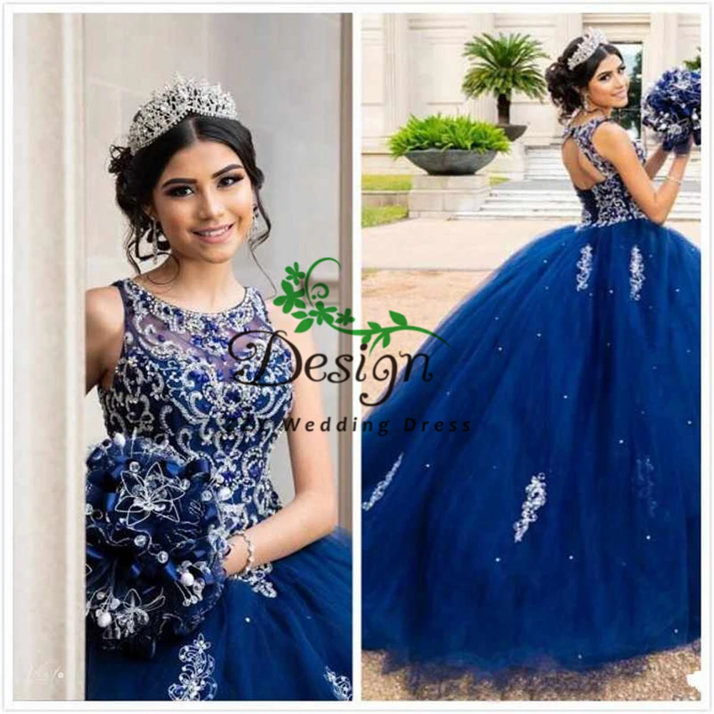 

Luxurious Beaded Appliques Sequins Lace Blue Quinceanera Dresses Crew Backhole Tulle Ball Gown Prom Party Gowns Sweet 16 Dresses