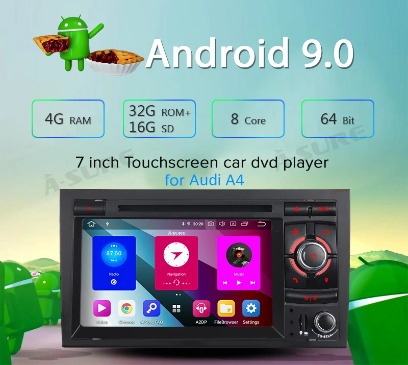 A-sure 7 дюймов 2 Din 8 ядерный Android 9,0 радио gps dvd-плеер навигация для Audi A4(2002-2007) S4 RS4 8E 8F B9 B7 SEAT EXEO RNS