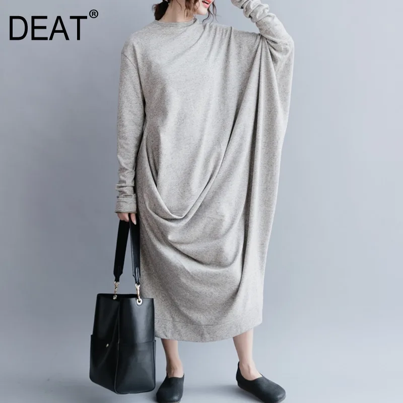 Женское асимметричное платье DEAT Свободное длинное с круглым вырезом и рукавами