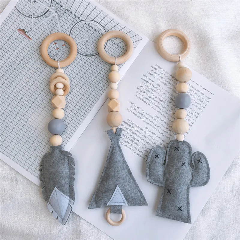 Nordic Wood Bead Garland Toy Kids Room Wall Decor Baby Gym Sensory Ring-pull Toys Play Tent Ornament Cloud/Feather/Star