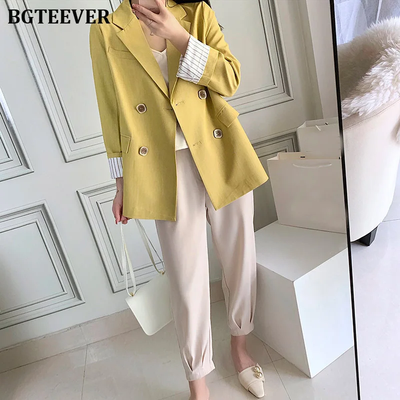 Блейзер Женский двубортный с карманами Желтый Повседневный свободный пиджак