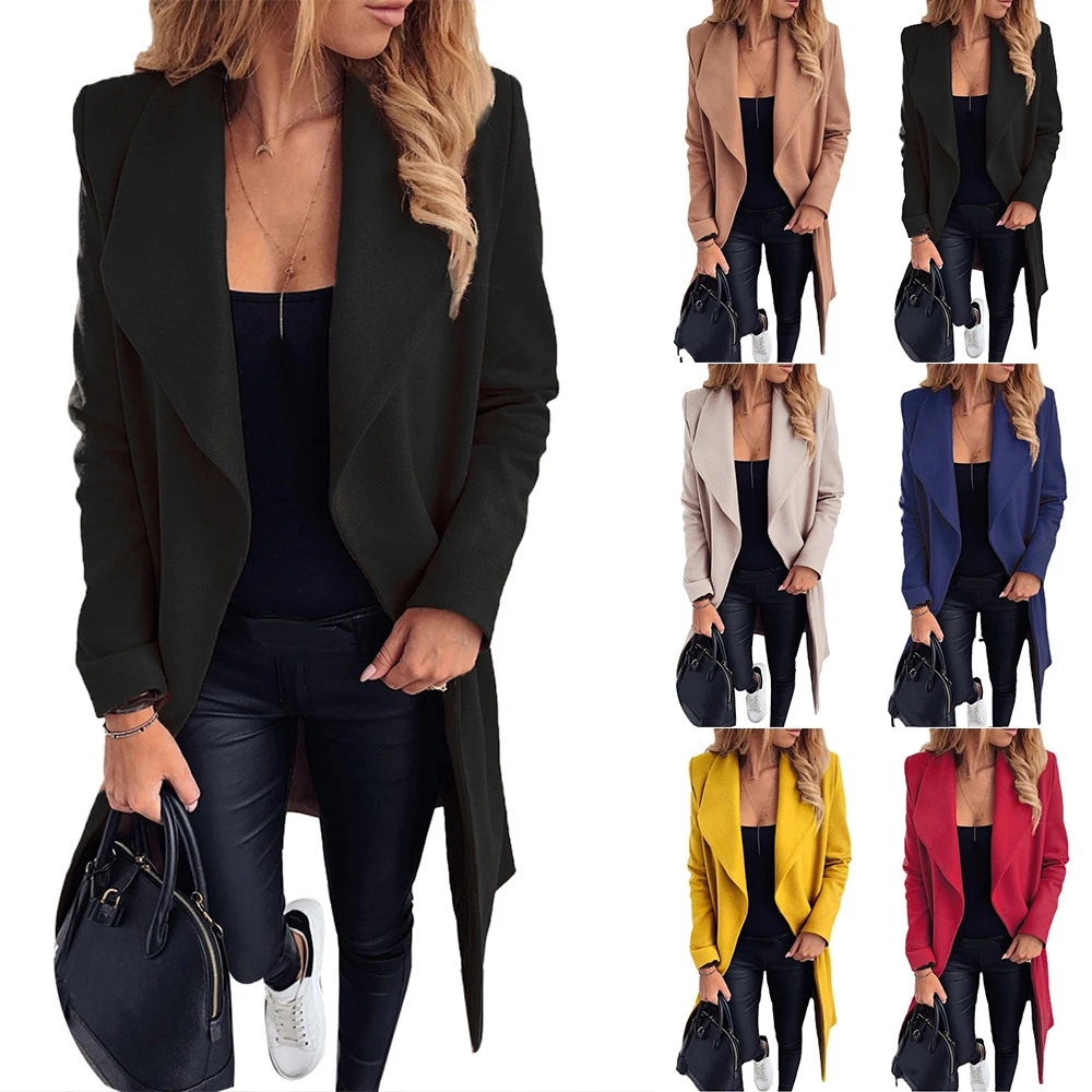 

Womens Long Jacket Plain Knee Length Long Sleeve Open Front Loose Over Coat Casual Outwear Winter Warm Office Lady Coat