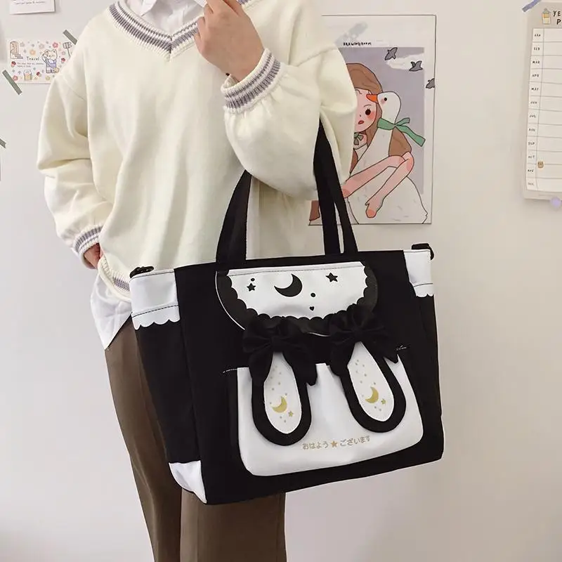 

Lovely Messenger School Bags Star Moon Pattern Cute Book Bag for Teenage Girls Sweet Rabbit Ear Casual Tote Large Shopping Bag