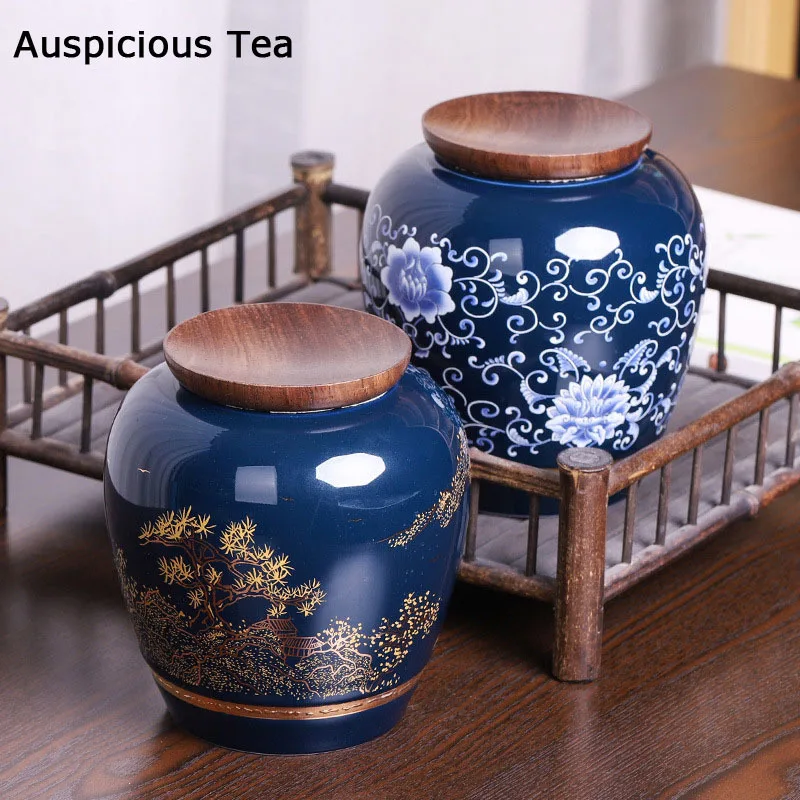 

Синяя глазурованная керамическая чайная канистра большой емкости, домашний герметичный маленький горшок в стиле ретро, влагостойкий чайни...