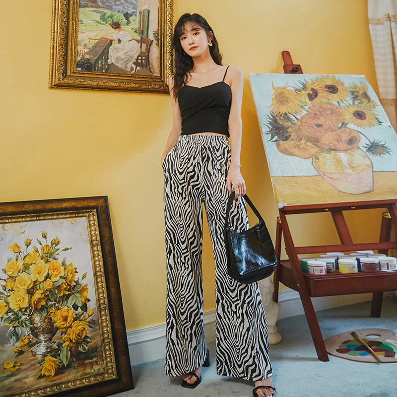 Брюки TingYiLi женские с широкими штанинами винтажные уличные штаны принтом зебры