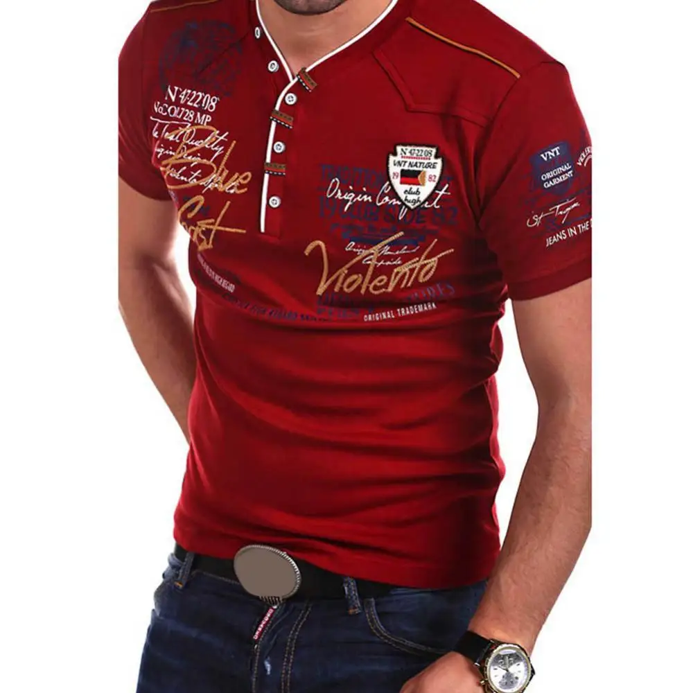 

Casual Men Letter Print Buttons V Neck Short Sleeve T-Shirt Summer Slim Top