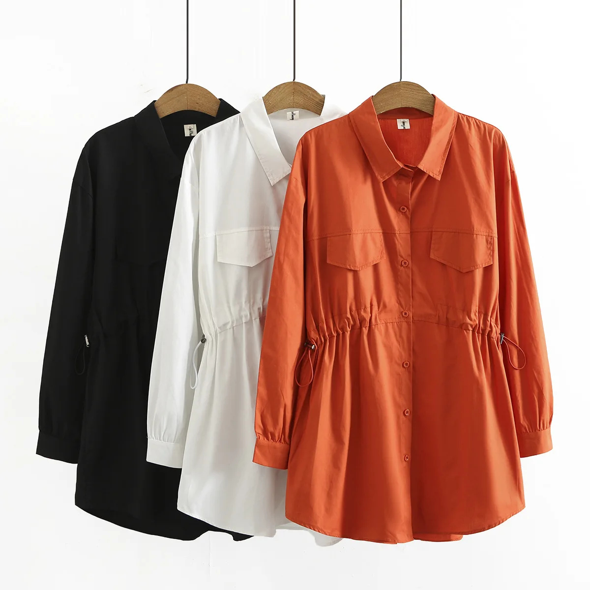 

Hsj63250 Autumn Women Mid-Length Plus Size Shirts Solid Color Loose Chic Fashion Office Ladies Elegant Adjustable Waist Blouses