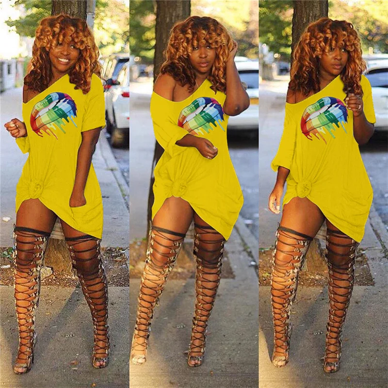 

Solid Color Women's Dress 2021 Lips Print Casual Dress Plus Size Summer Short Sleeve Side Pocket Casual Streetwear Outfits S-3XL