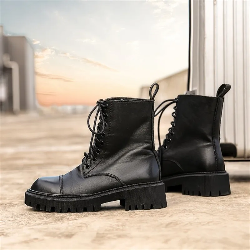 Jual Sepatu Bot Wanita Musim Dingin Dengan Sepatu Platform Tumit Chunky Berenda Sepatu Bot Cocok Untuk Semua Lapisan Mewah Hitam/Lapisan Kulit Babi No.C948