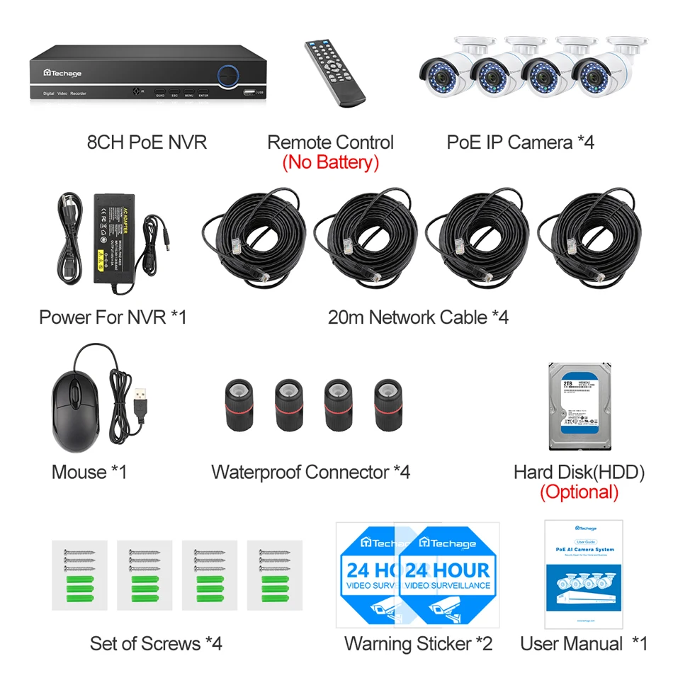 Techage H.265 8CH 1080P POE NVR комплект системы видеонаблюдения 2MP аудио ip-камера ИК Открытый P2P Onvif комплект видеонаблюдения 1 ТБ HDD