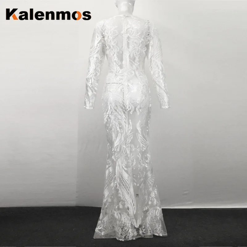 Long Party Dress Women Lace Embroidered V-Neck KALENMOS White Wedding Evening Elegant Maxi Vestidos Formal Gowns Robe | Женская одежда
