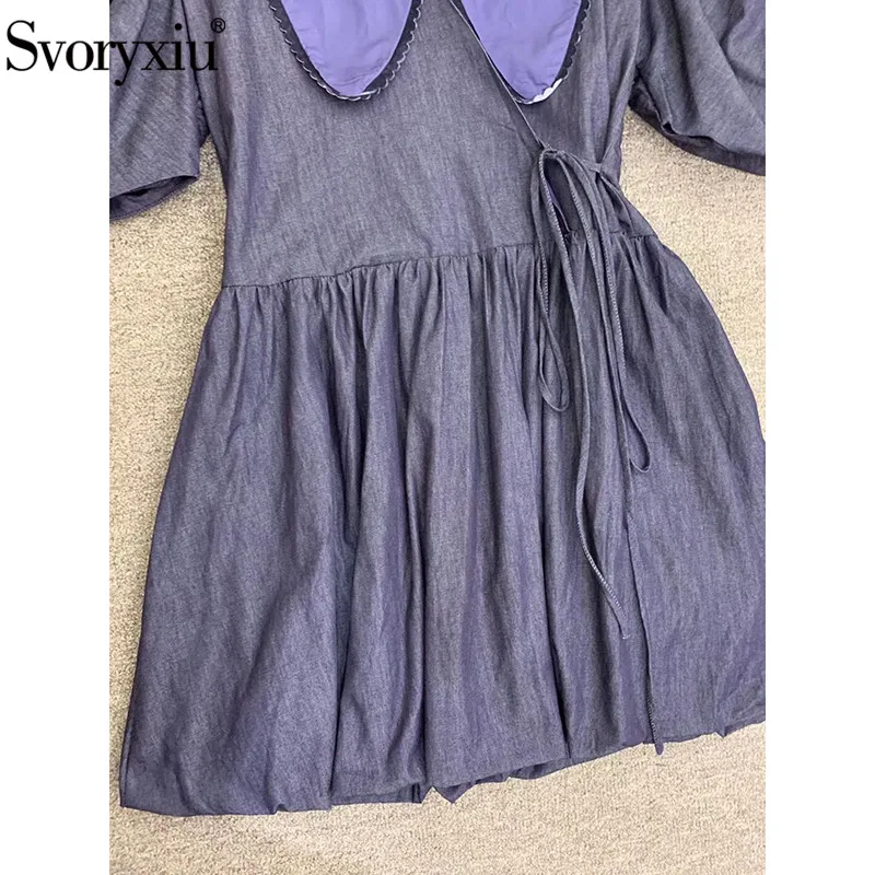 

Svoryxiu 2021 Runway Designer Summer Short Dress Women's Fashion Short Sleeve V-Neck Solid Mini Dresses Vestdios