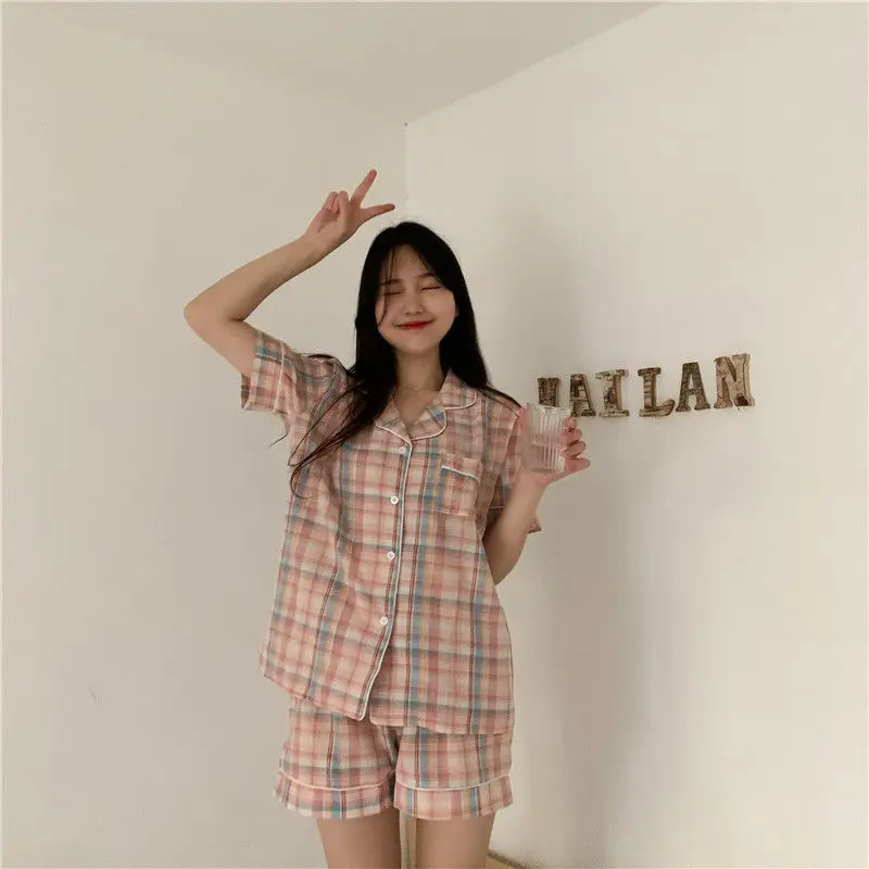 

QWEEK Plaid Pijama Korean Style Pajamas for Women Summer 2021 Sleepwear Short Sleeve Pyjama Purple Stripe 2 Piece Set Loungewear