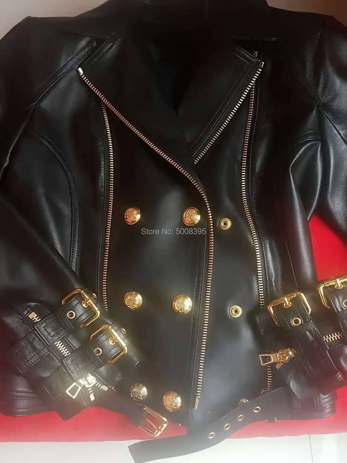 

LIMITED BLACK REAL LEATHER GENUINE SHEEPSKIN BIKER JACKET Gold Double Breasted Zipper front LONG SLEEVES BUCKLE BLET ZIPPED CUFF