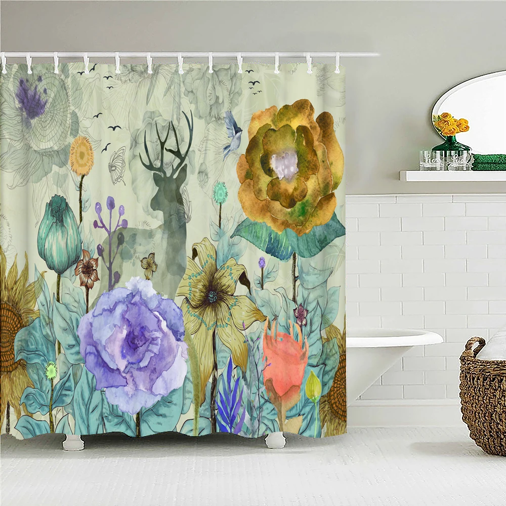

Занавеска для душа в стиле ретро, водонепроницаемая декоративная шторка для ванной комнаты, с крючками, с цветами, листьями, растениями