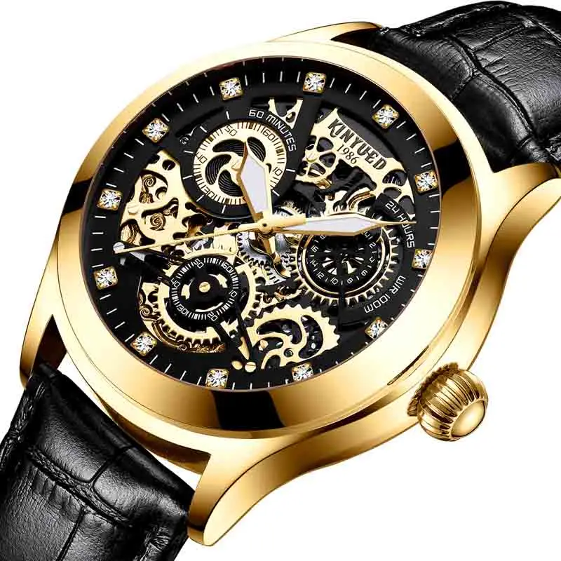 Gold Black Leather KINYUED Мужские автоматические механические часы с ветром, светящаяся вакуумная кофеварка, мужские золотые водонепроницаемые horloges mannen - Цвет: Gold Black Leather
