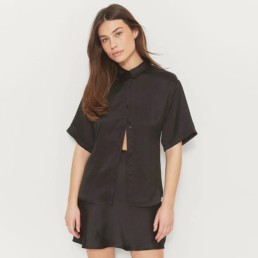 

BoozRey Summer New Women's Black Short Skirt Suit Short-sleeved Shirt Single-breasted Lapel Shirt Skirt Bag Hip A-line Skirt