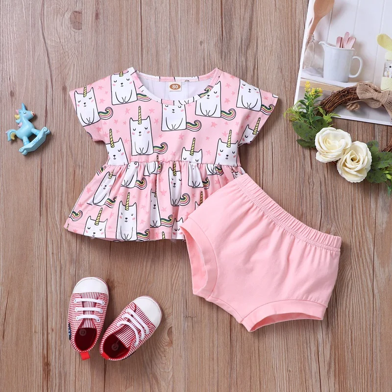 

Baby Sets Baby Girl Clothes Cotton 2 Pcs Sets Cartoon Cat Print Short Sleeve Tops+solid Briefs Baby Clothes Summer 0-18M