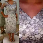 Платье для матери невесты длиной до середины икры с аппликацией и V-образным вырезом, с рукавом 34, серебряное кружево 2021 пробы, женское официальное платье для матери