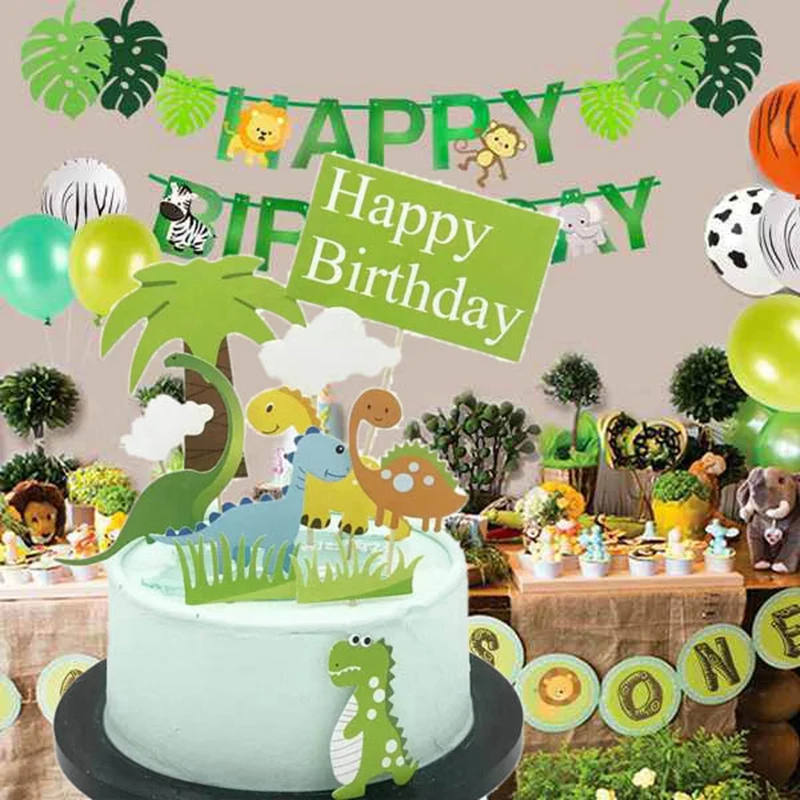 

11 Pcs Cute Dinosaur Cake Topper Coconut Tree Birthday Cake Decoration Green Grass Kids Party Supplies Cake Accessories