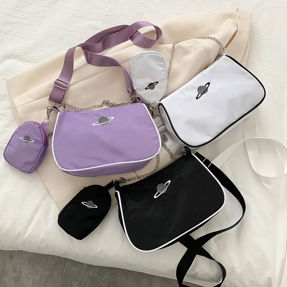 

2pcs Casual Nylon Women Shoulder Bag 2 in 1 Chain Zipper Girl Crossbody Handbag with Purse Small Clutch