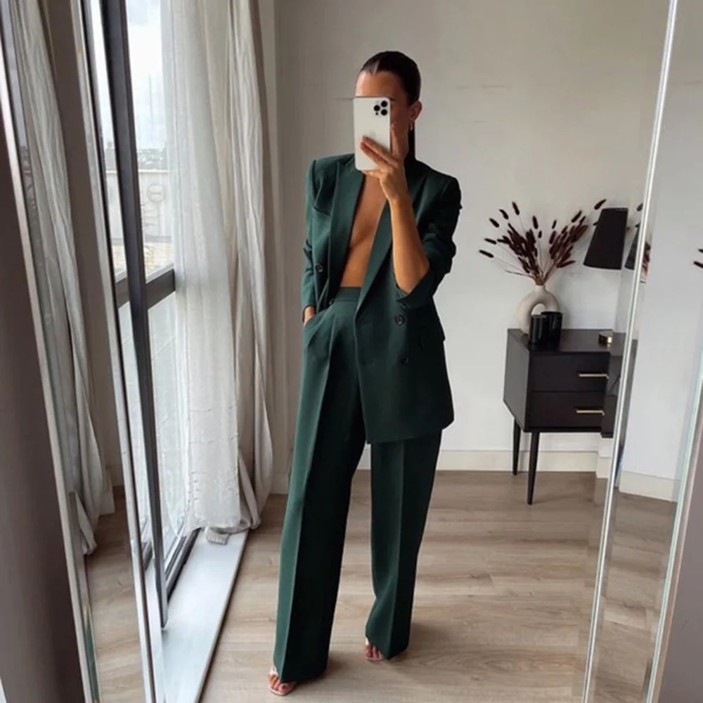 

XIKOM 2021 Женский комплект из двух предметов зеленый двубортный костюм с отложным воротником пальто женские винтажные брюки