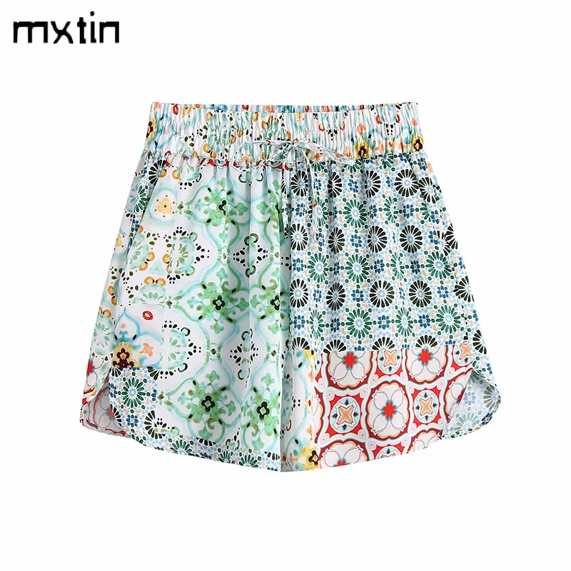 

MXTIN 2021 Women Summer Vintage Print Fly Side Pockets Sweatpants Shorts Fashion Elastic Waist Female Casual Streetwear Short