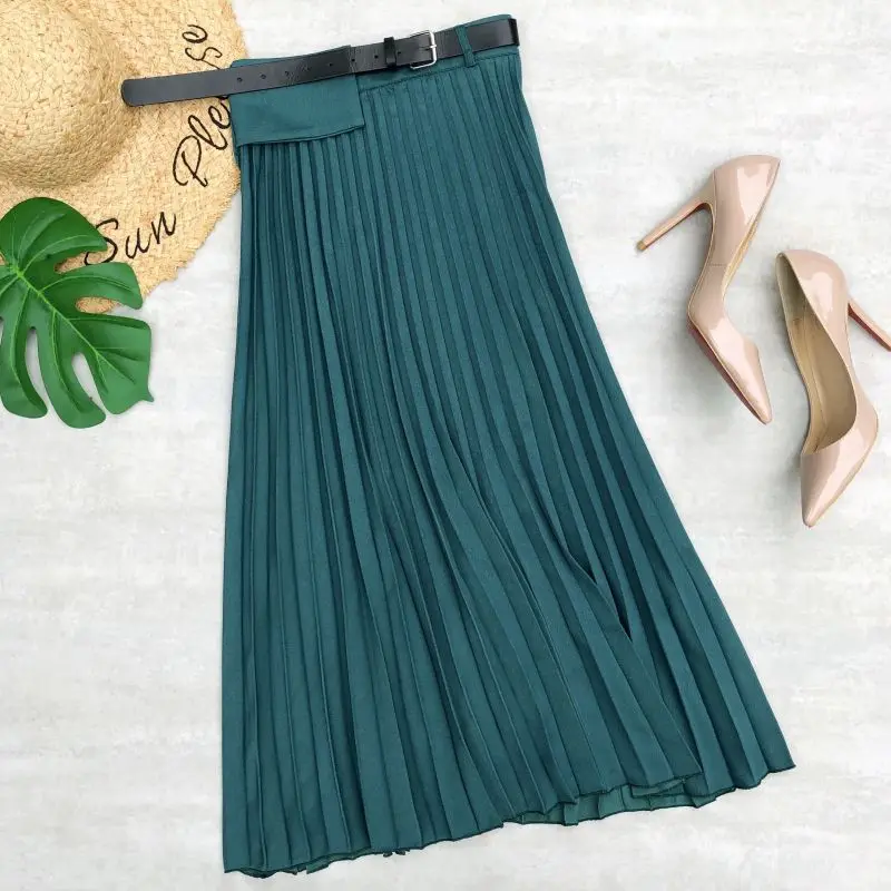 

New Spring and Summer Girdle Decoration Mid-length Pleated Skirt, High Waist, Solid Color, Large Swing, A-line Skirt, Send Belt