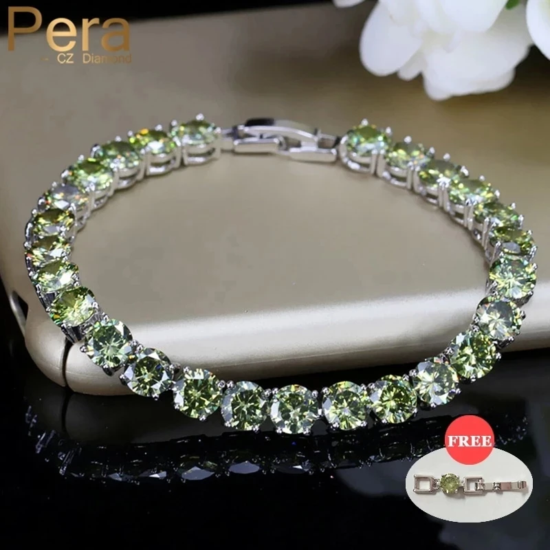 

Pera Fashion Silver Color 0.5 Carat Round Olive Green CZ Crystal Tennis Chain Link Hand Bracelets Bangles for Women Jewelry B003