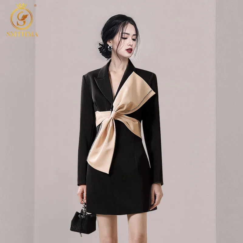 

SMTHMA New Fashion Luxury Runway Autumn Slim Waist Dresses Women's Long-Sleeved Big Bow Black Dress Vestidos