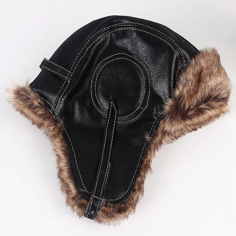 High Quality Russian Leather Bomber Hat 2021 Winter Ushanka Hat Men Women Pilot Trapper Hat Faux Fur Earflap Snow Cap Ear Flaps leather bomber hats