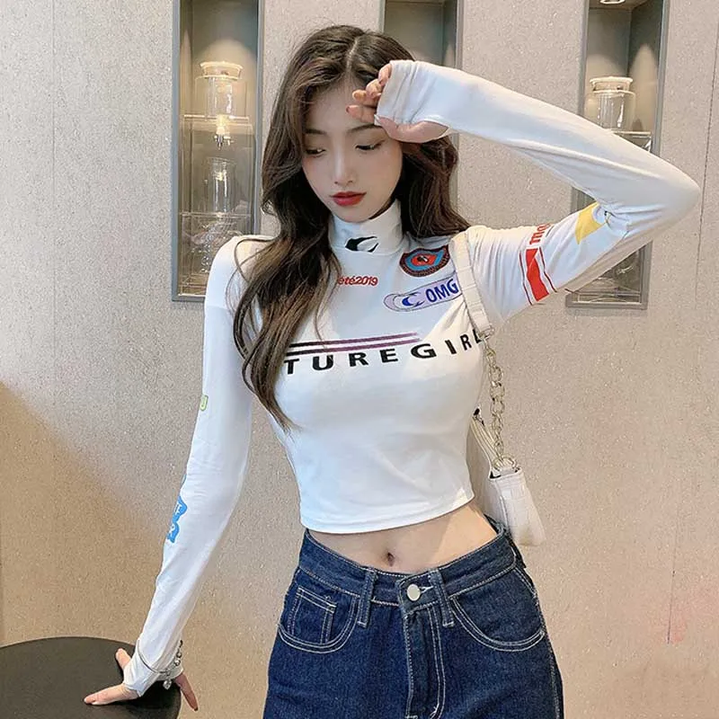 

2021 Designer Women Letter Print T Shirt Harajuku Fashion Loong Sleeve Turtlenck Slim Tees Top Summer Elastic Women Tops 2020