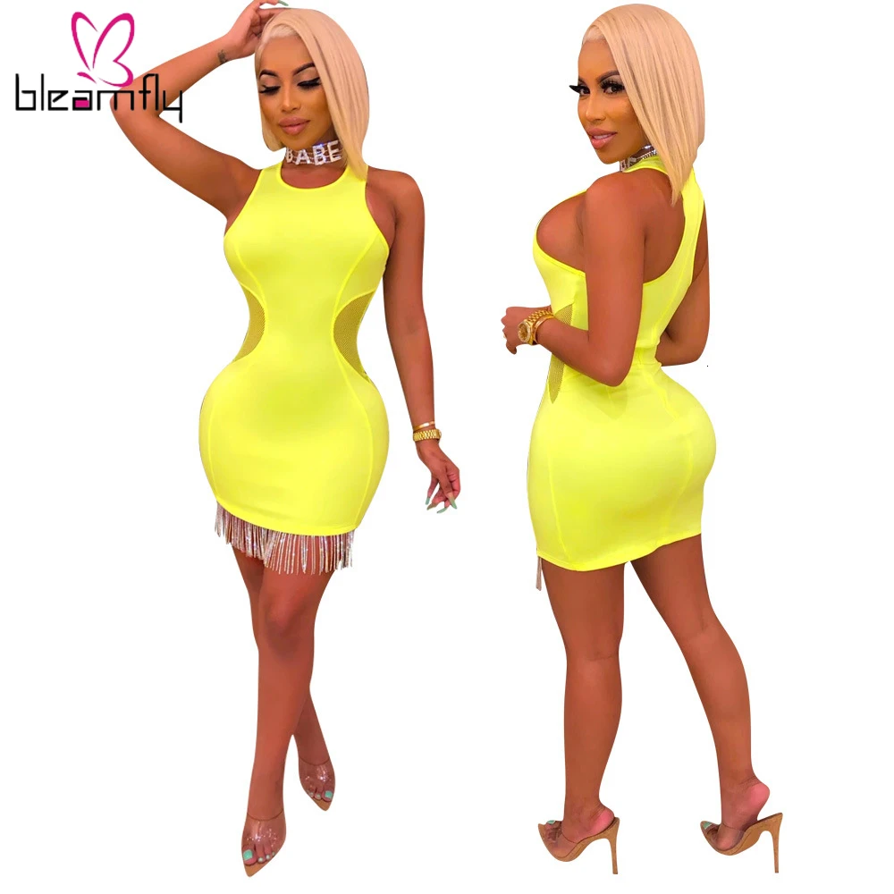 2019 женское осеннее зимнее Сетчатое Мини платье без рукавов с кисточками