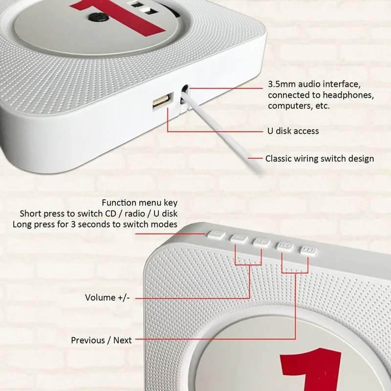 

US/EU/UK plug Portable CD Player Wall Mountable Bluetooth Remote Control FM Radio HiFi Speaker with USB 3.5mm