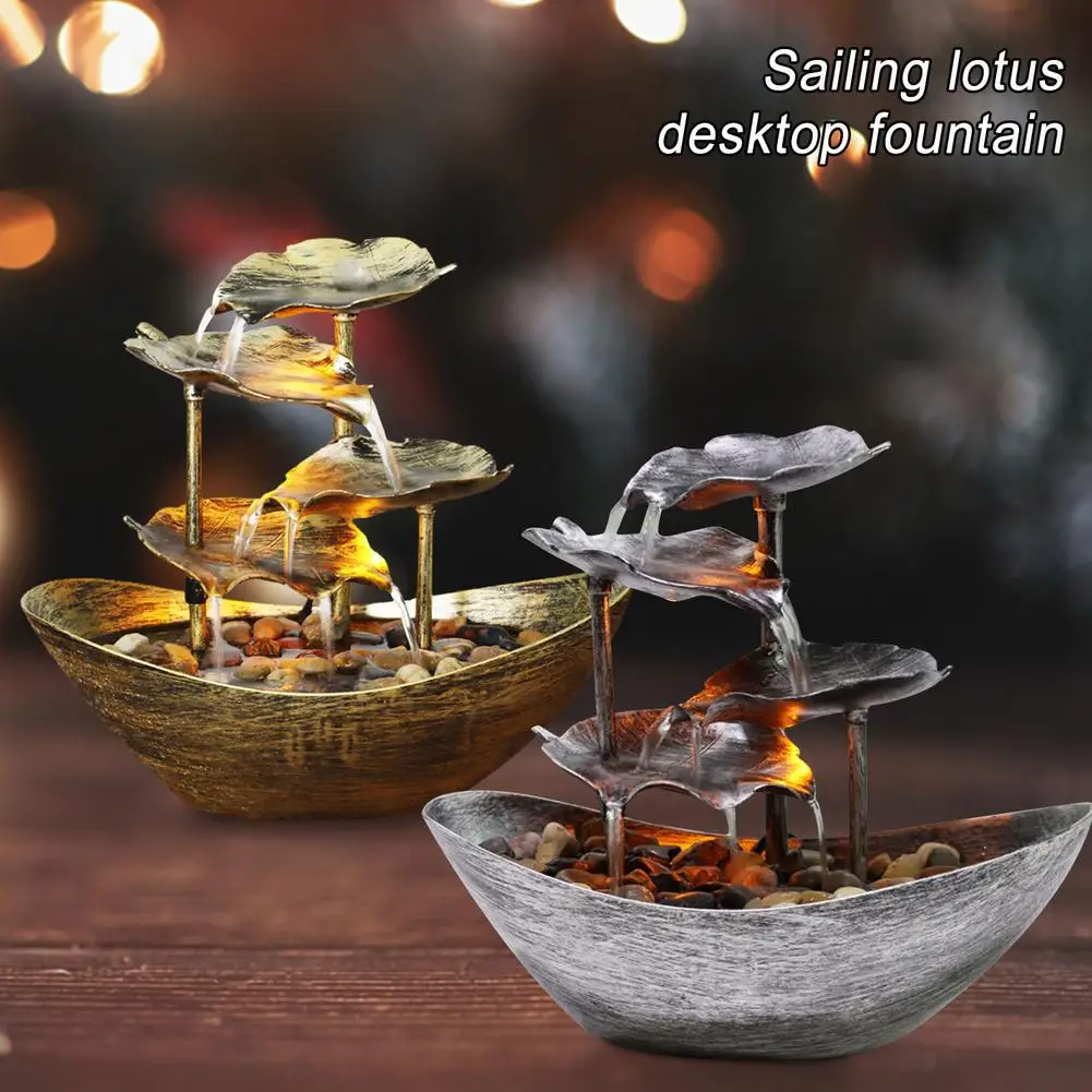 

Lotus Leaf Sailboat Running Water Fountain Ornaments USB Creative Desktop Fountain LED Ornament Home Decor Ambient Night Lights