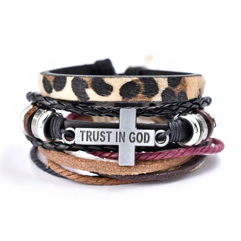Браслет Trust In God 3 шт./компл. модные черно-коричневые браслеты из натуральной кожи