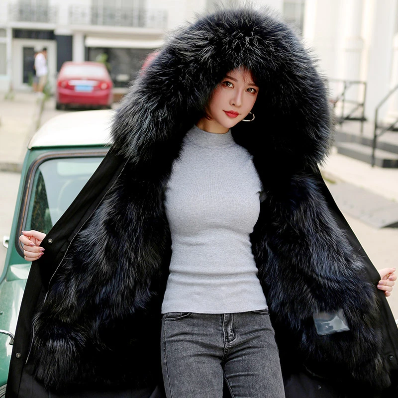

Real Natural Raccoon Fur Coat Women Winter Fox Collar Thick Warm Jacket Female Oversize Hooded Long Fur Liner Ladies Clothing