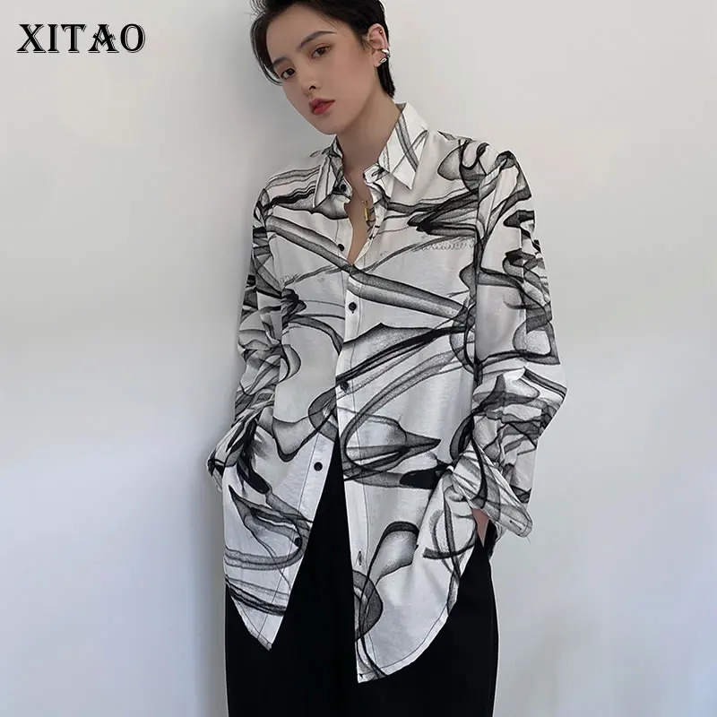 

XITAO Tie Dye Casual Shirt Women Tide Fashion New Style Square Collar Long Sleeve Single Breasted Match All Elegant Top WMD0037