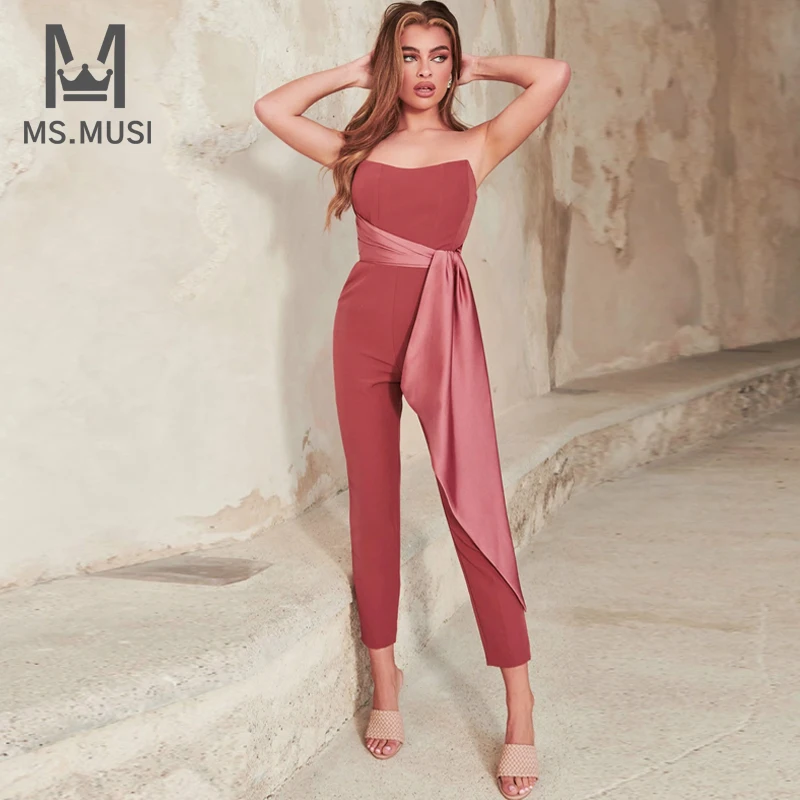 MSMUSI 2022 New Fashion Women Sexy Strapless Lace Up Bodycon Long Pant Jumpsuit With Belt Party Club Lady Summer Jumpsuit INS