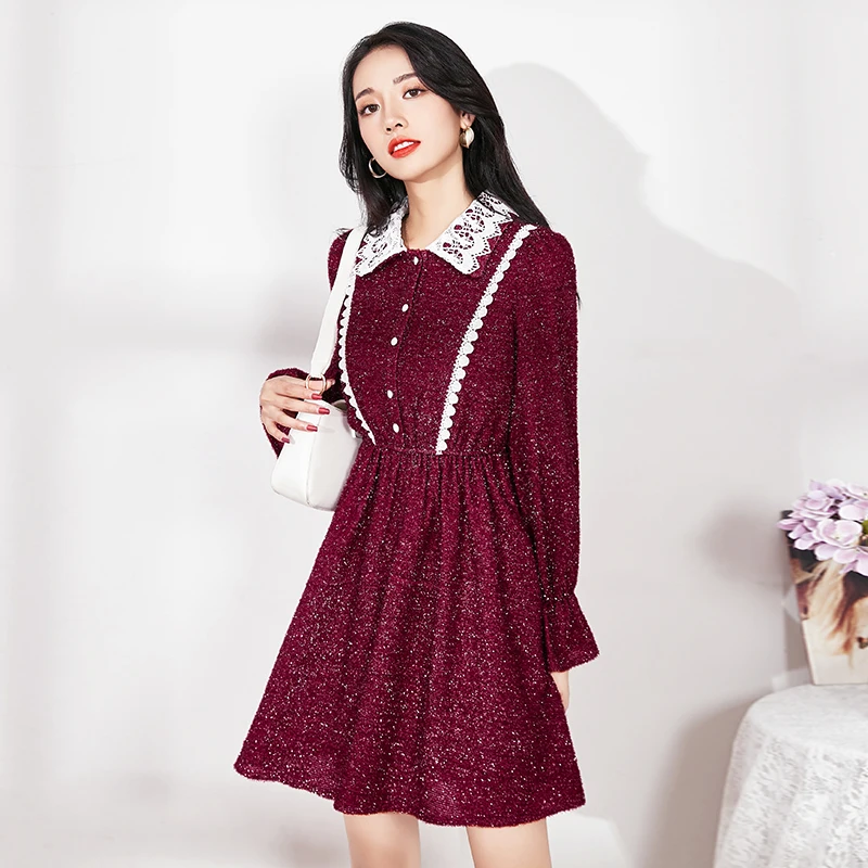 

Autumn Winter Women Dress Vintage Lace Patchwork Peter pan collar Sweet Fashion High waist Slim Retro Female bing 2020 HOT