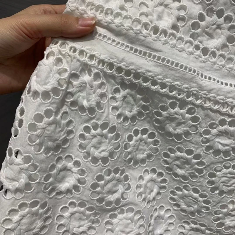 

Patchwork Lace Elegant Dress For Women V Neck Short Sleeve High Waist Hollow Out White Dresses Female 2021 Fashion New Tide C535