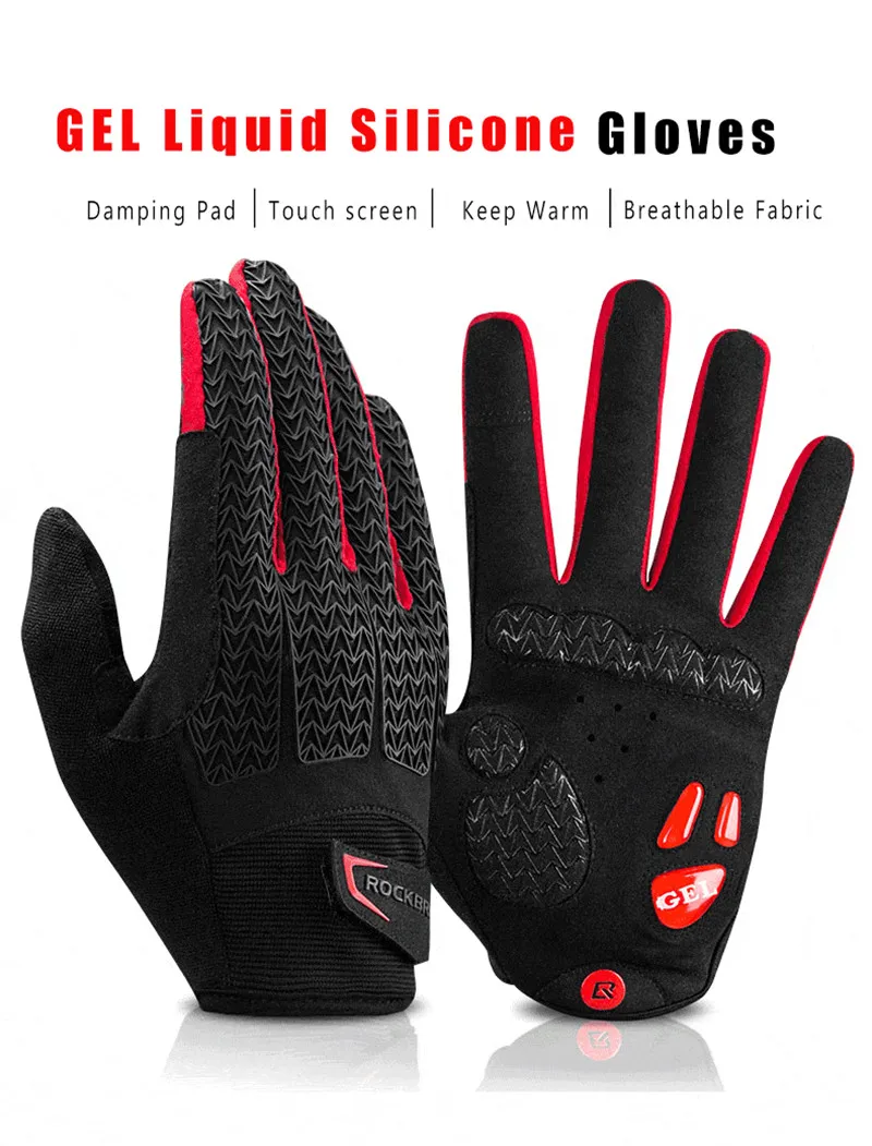 ROCKBROS Touch Screen Men Cycling Gloves Autumn Winter Windproof MTB Bike Bicycle Gloves GEL Pad Shockproof Full Finger Mittens