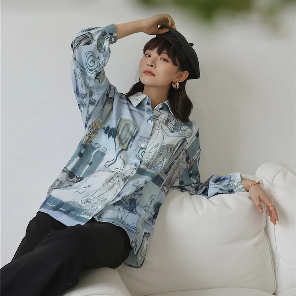 Повседневная Блузка в английском стиле осень 2019 винтажная с мультяшным принтом