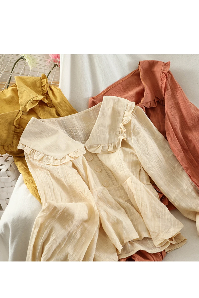 

2021 Spring and Autumn New Girly Style Loose Casual Pullover Shirt Doll Collar Ruffle Wild Black Long-sleeve Blouse Trend