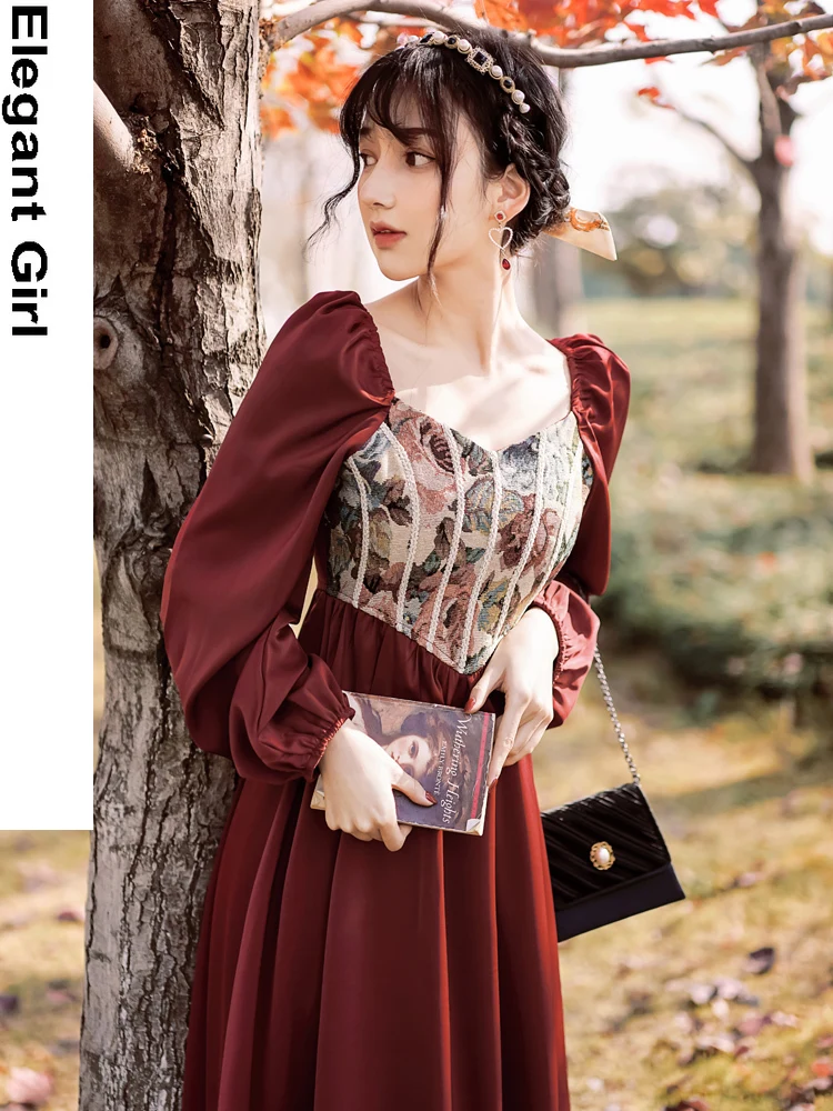 

Girl Lady Princess Dresses Retro Royal Square Collar Puff Sleeve Slim Dating Party Vintage Oil Paintings Jacquard Red Dress