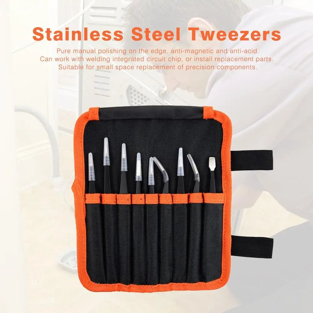

New 9PCS Stainless Steel Tweezers Kit Precision Maintenance Tools Electronics Jewelry Phone Repairing tools With Storage Bag